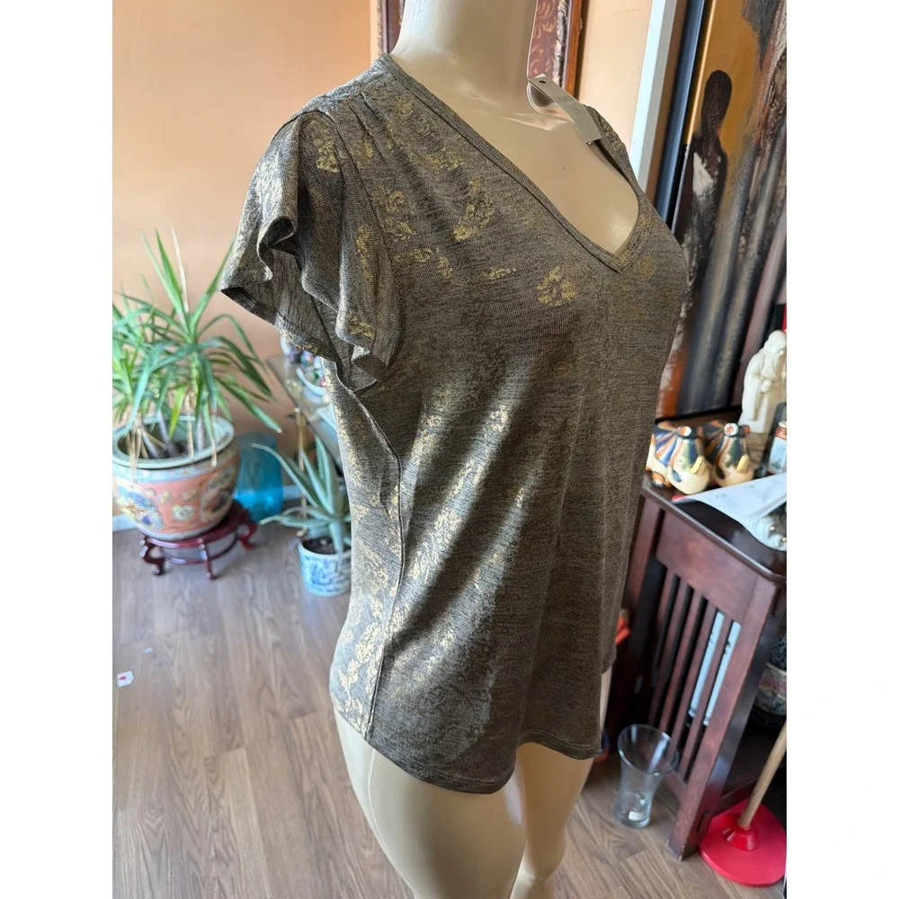 Carmen Marc Valvo Gold Metallic Floral Foil V-Neck Flutter Sleeve Top Grey M NWT - Picture 2 of 7